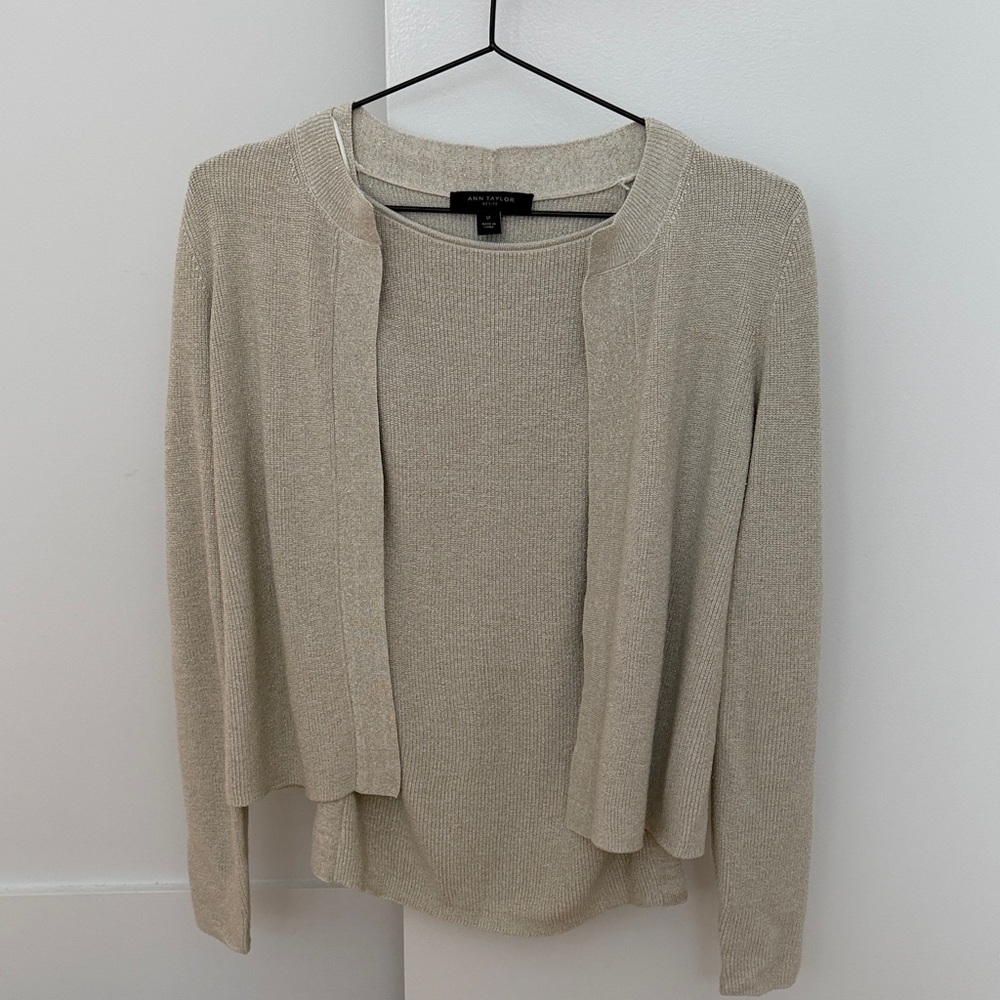 Ann Taylor Light Beige Shimmer Cardigan Sweater Set - Picture 2 of 5